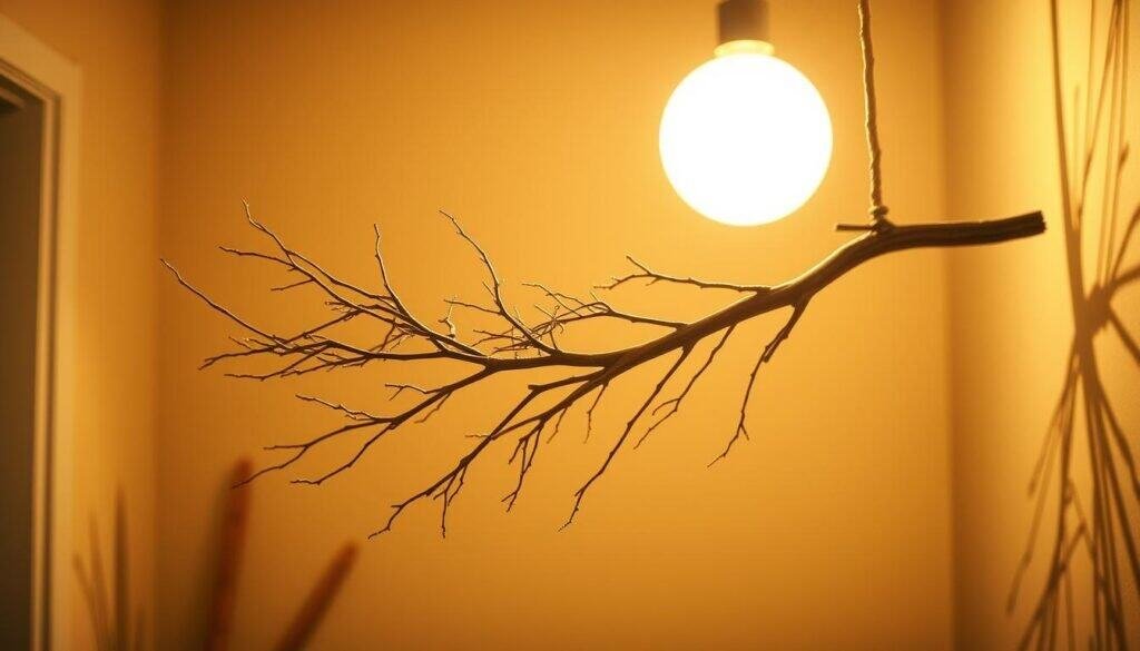 A cozy, intimate scene of a wooden branch suspended in a warm, softly-lit room, its delicate twigs casting intricate shadows on the walls. The branch is illuminated by a single overhead light, creating a tranquil, natural ambiance. The image evokes a sense of bringing the outdoors in, with the organic form of the wood contrasting beautifully with the clean, minimalist interior. The focus is on the exquisite details of the branch, its textures and shapes highlighted by the thoughtful lighting. An inviting, calming atmosphere that captures the essence of incorporating natural elements into the home.