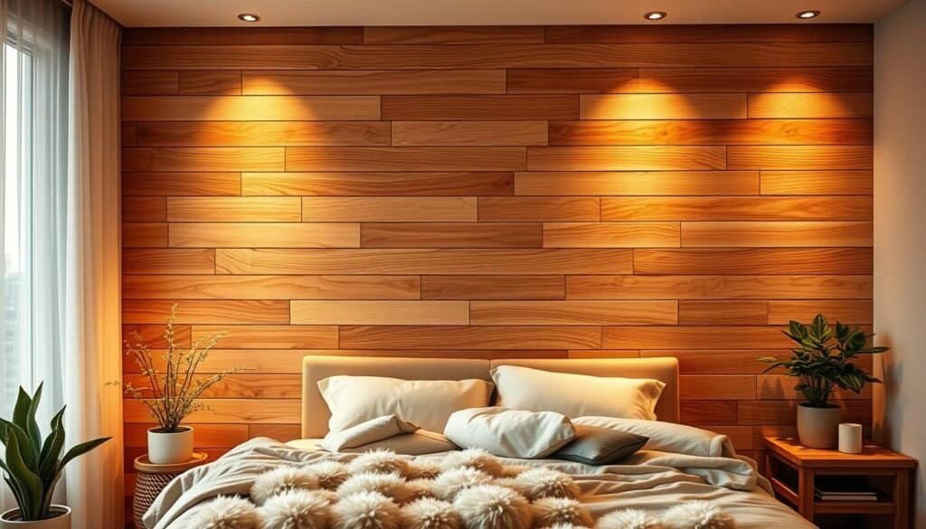 A cozy, inviting bedroom with a stunning wood accent wall, illuminated by soft, warm lighting. The wall features a natural, rustic wood grain texture, arranged in a visually appealing horizontal pattern. The lighting casts gentle shadows, adding depth and texture to the wood surface. In the foreground, a plush, neutral-toned bed with fluffy bedding invites relaxation, while potted plants and minimal decor elements create a serene, spa-like ambiance. The overall mood is one of warmth, comfort, and sophisticated, natural elegance.