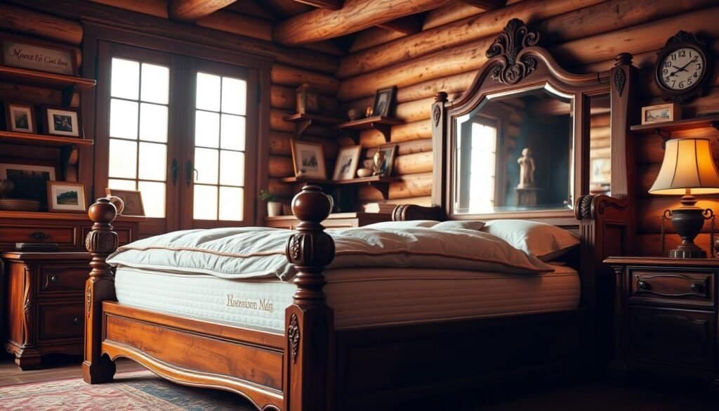 A cozy, inviting bedroom with a warm, rustic ambiance. A wooden bed frame with a plush mattress and luxurious bedding takes center stage, complemented by a pair of matching nightstands with intricate carved details. In the background, a wooden dresser with a large mirror reflects the soft, natural lighting filtering in through a pair of large windows. Accents of wooden shelves, picture frames, and a chic wooden clock add depth and character to the space. The overall atmosphere is one of relaxation and tranquility, inviting the viewer to imagine themselves in this serene, harmonious retreat.