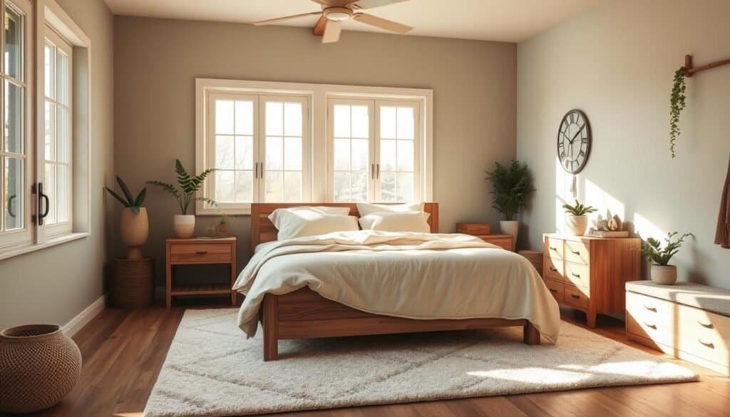 A cozy, inviting bedroom with soft, muted tones of sage green and dusty rose. Warm, natural lighting streams in through large windows, casting a gentle glow over the space. A plush, neutral-colored rug grounds the room, while a wooden bed frame and nightstands add rustic charm. Soft, textured bedding in soothing shades of beige and ivory creates a serene, restful ambiance. Houseplants and natural wood accents bring in organic elements, further enhancing the calming, harmonious atmosphere.