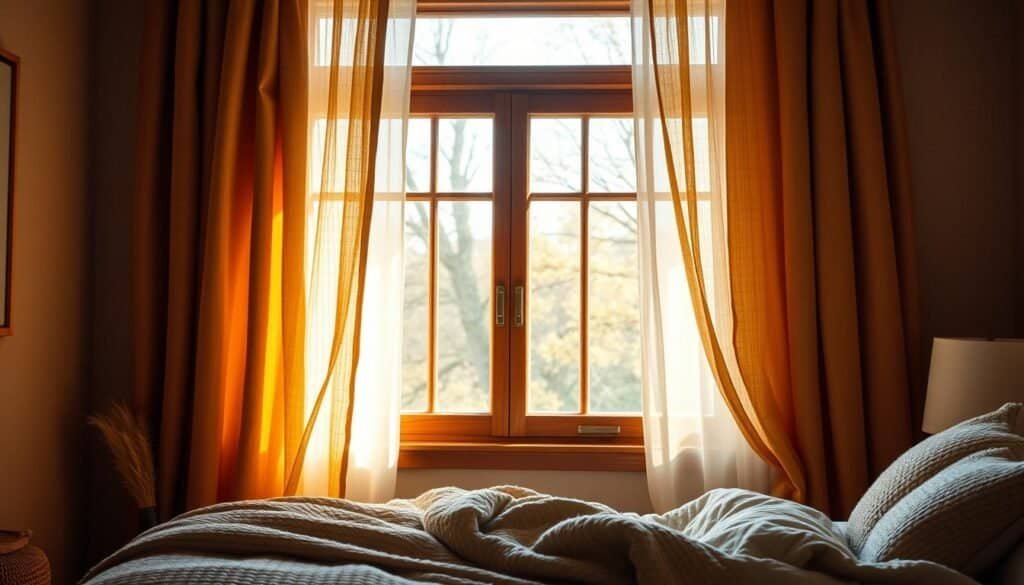 A cozy, inviting bedroom with warm, natural light filtering through lush, textured window treatments. Soft, flowing curtains in a rich, earthy tone frame the window, creating a sense of coziness and relaxation. The curtains cascade elegantly, their folds and drapes adding depth and visual interest. Sheer, gossamer panels billow gently, softening the light and infusing the space with a serene, romantic ambiance. Plush, nubby textiles in complementary hues add layers of texture, while a wooden window frame grounds the scene with its rustic charm. The overall effect is one of cozy sophistication, inviting the viewer to sink into the tranquil haven of this cozy bedroom retreat.