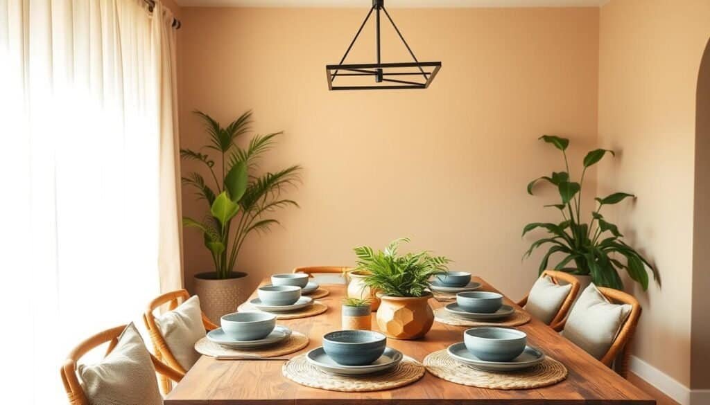 A cozy, inviting dining space with warm, earthy tones. Soft, natural lighting filters through sheer curtains, casting a gentle glow. A rustic wooden table is set with artisanal ceramic dishware in muted blues and greens, complemented by woven placemats and linen napkins. Lush, potted plants add pops of vibrant greenery, while a statement light fixture with clean lines hangs overhead, creating a sense of balance and sophistication. The walls are painted in a soothing, neutral palette, allowing the vibrant colors of the table setting to take center stage and evoke a sense of tranquility and comfort.
