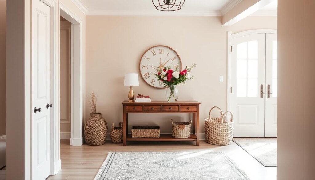 A cozy, inviting entryway with a harmonious color palette. A warm, soft light spills in through a large window, illuminating a polished wood console table with a vase of fresh flowers. The walls are painted in a soothing neutral shade, complemented by textured woven baskets and a plush, patterned rug underfoot. The overall atmosphere is one of calm sophistication, welcoming visitors into the home. A well-curated mix of natural materials and subtle accents creates a visually appealing and serene scene.