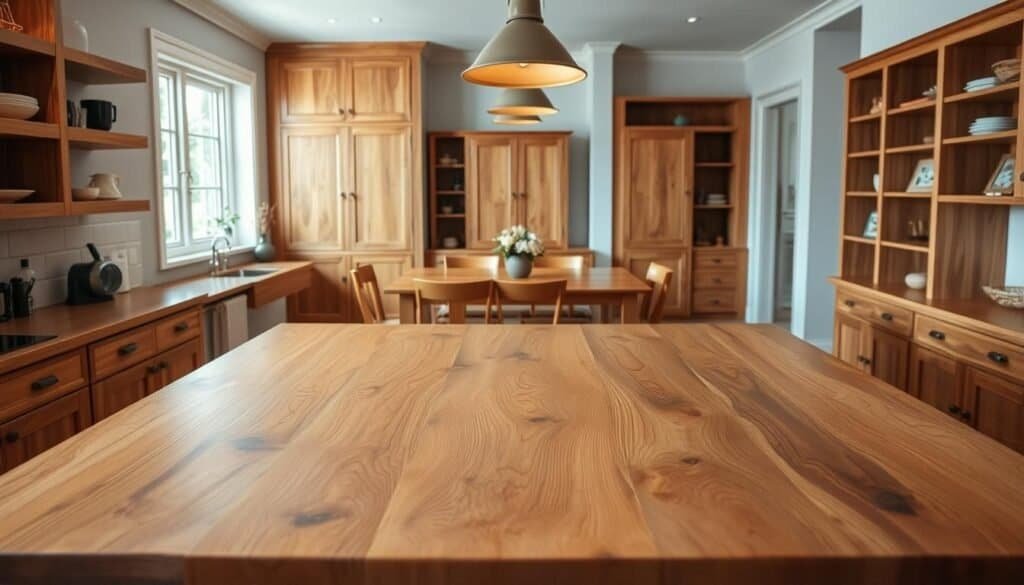 A cozy, inviting kitchen with natural wood furniture elements. A well-crafted wooden island with a smooth, organic texture dominates the foreground, its warm tones and elegant design complementing the surrounding cabinetry and shelving. Soft, diffused lighting from pendant fixtures casts a gentle glow, highlighting the intricate grain patterns and subtle imperfections that add character. In the middle ground, a wooden dining table with matching chairs stands ready for casual meals and conversations, while the background features additional wooden accent pieces, such as a freestanding pantry or bookshelf, seamlessly blending the natural materials throughout the space.