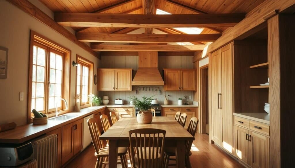A cozy, inviting kitchen with warm, earthy wood tones. Polished oak cabinets and rustic wood beams line the ceiling, casting a soft glow. Sunlight streams through large windows, illuminating the textured wood grain. A wooden dining table sits at the center, surrounded by simple wooden chairs. Subtle natural accents, like a woven plant basket, complement the organic aesthetic. The overall atmosphere is calm, comfortable, and conducive to gathering and nourishment.