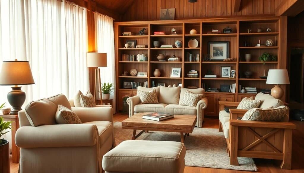 A cozy, inviting living room with warm, natural wood furnishings. A plush, oversized armchair takes center stage, its soft upholstery beckoning you to sink in and relax. Surrounding it, a loveseat and side table create an intimate conversation area, accented by a large, wooden coffee table. In the background, a wooden bookshelf stands tall, its shelves displaying an assortment of decorative objects and carefully curated books. Soft, ambient lighting filters through sheer curtains, casting a gentle glow throughout the space. The overall atmosphere is one of comfort, relaxation, and a touch of rustic elegance. A cozy, inviting living room with warm, natural wood furnishings. A plush, oversized armchair takes center stage, its soft upholstery beckoning you to sink in and relax. Surrounding it, a loveseat and side table create an intimate conversation area, accented by a large, wooden coffee table. In the background, a wooden bookshelf stands tall, its shelves displaying an assortment of decorative objects and carefully curated books. Soft, ambient lighting filters through sheer curtains, casting a gentle glow throughout the space. The overall atmosphere is one of comfort, relaxation, and a touch of rustic elegance.