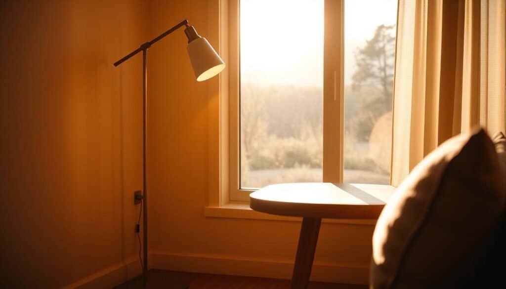 A cozy, inviting nook bathed in warm, glowing light. A minimal floor lamp casts a soft, amber glow, its slender form a study in refined simplicity. The light spills across a smooth, wooden side table, highlighting the rich grain. In the background, a large window frames a serene, natural landscape, diffusing the daylight into a gentle, ethereal radiance. The overall scene exudes a sense of tranquility and understated elegance, creating a welcoming atmosphere perfect for quiet contemplation.
