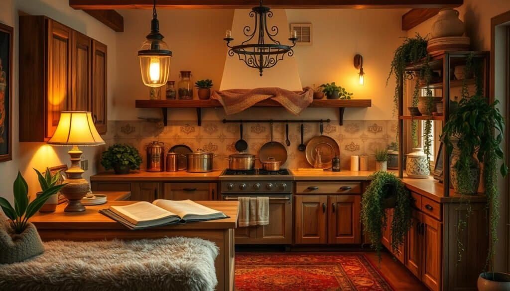A cozy kitchen bathed in warm, ambient lighting. Soft, golden lamps cast a gentle glow over the rustic wooden cabinets and countertops. Ornate iron pendants hang elegantly, their light reflecting off the polished copper pots and pans. The backsplash is adorned with hand-painted tiles in muted, earthy tones. Plush rugs in rich, inviting colors define the space, while lush, trailing plants add natural elements. The overall atmosphere is one of comfort, coziness, and a sense of homey, farmhouse-inspired charm.
