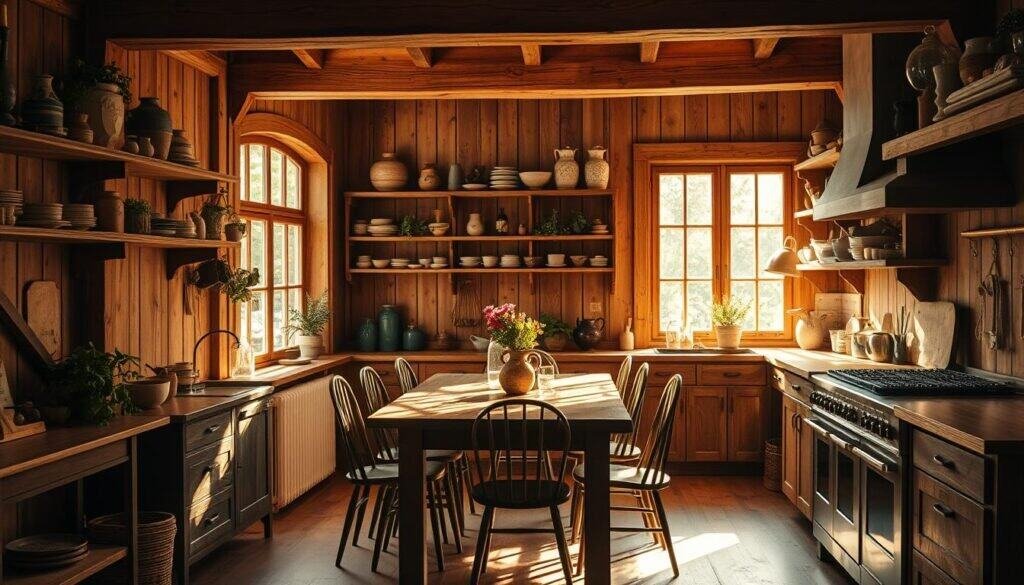 A cozy kitchen bathed in warm, natural light filters through large windows, illuminating a central wooden dining table surrounded by an eclectic mix of vintage and modern chairs. Exposed wooden beams and shelves display an array of earthy ceramics, potted plants, and rustic kitchenware, creating a harmonious, inviting atmosphere. The kitchen counter tops are made of a beautiful, grainy wood, complemented by a minimalist, brushed steel stove and oven. Soft shadows dance across the space, evoking a sense of comfort and homeliness, inspiring the urge to linger and savor a meal amidst the soothing, natural ambiance.
