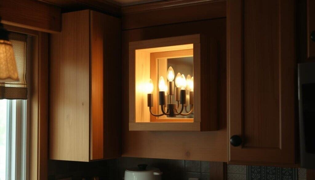 A cozy kitchen corner with a rustic wooden accent lighting fixture, casting a warm, ambient glow. The light source is a cluster of candle-like bulbs nestled within a rectangular wooden frame, with a natural, weathered finish. The frame is mounted on the wall, creating a focal point that enhances the kitchen's inviting atmosphere. Soft shadows dance across the surrounding wooden cabinetry and countertops, evoking a sense of comfort and charm. The lighting is positioned to illuminate the kitchen space, fostering a intimate, welcoming ambiance perfect for relaxed gatherings.