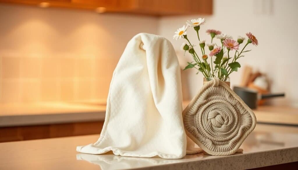 A cozy kitchen counter with a plush, textured kitchen towel draped over it, complemented by a matching potholder and a small vase of fresh flowers. Warm, soft lighting illuminates the scene, creating a comforting and inviting atmosphere. The textures of the fabrics, from the linen towel to the woven potholder, add depth and tactility to the image. The overall composition emphasizes the soothing, homely elements that bring a sense of comfort and care to the kitchen space.