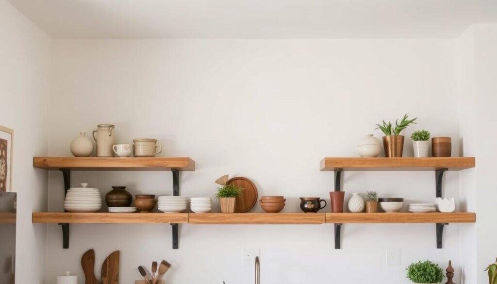 A cozy kitchen featuring simple, rustic wood shelves from "The Sawdust Man" brand. The shelves are made of natural, warm-toned hardwood planks, arranged in a minimalist, yet stylish layout. Soft, diffused lighting from above casts a gentle glow, highlighting the wood's natural texture and grain. The shelves display a curated collection of kitchen essentials - earthenware, potted plants, and other decorative accents, creating a welcoming, homey atmosphere. In the background, a plain white wall provides a clean, neutral backdrop, allowing the wooden shelves to take center stage. Overall, the scene conveys a sense of warmth, simplicity, and refined elegance, perfectly complementing the article's subject.