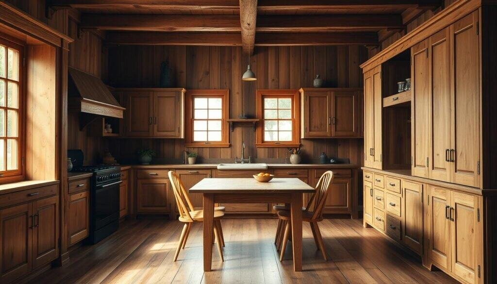 A cozy kitchen filled with warm, rustic wooden elements. Weathered oak cabinets and drawers line the walls, their natural grain and knots adding character. A solid wood table stands in the center, complemented by matching chairs with simple, elegant designs. Overhead, a wooden beam ceiling creates a sense of solidity and stability. Soft, natural lighting filters through windows, casting a gentle glow on the scene. The overall atmosphere is one of simplicity, functionality, and a connection to the natural world. The resulting image should showcase the beauty and versatility of wood in a kitchen setting, inviting the viewer to imagine the welcoming, homey feel of this space.