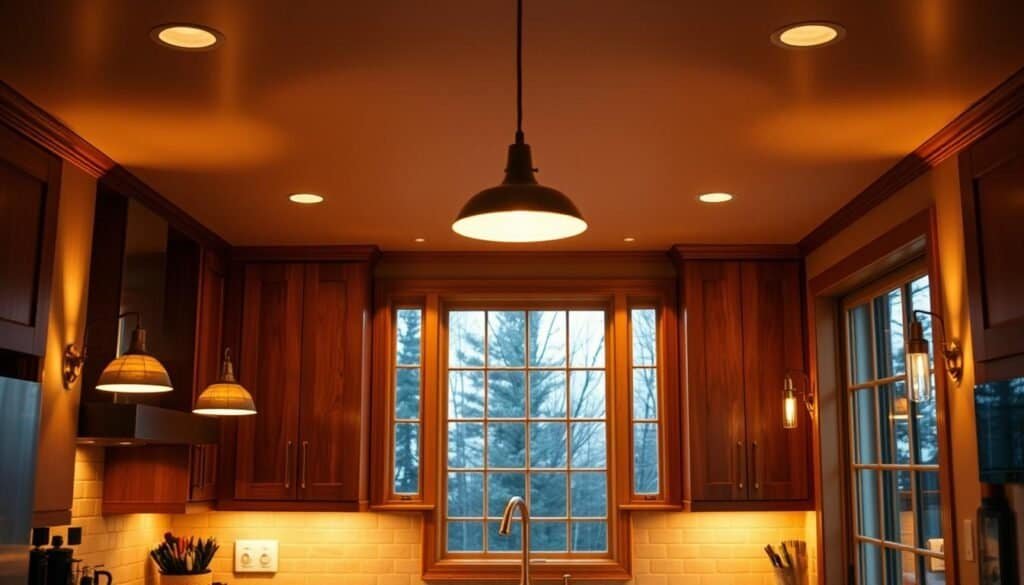 A cozy kitchen interior bathed in warm, ambient lighting. Sleek pendant lights with brushed brass fixtures gently illuminate the wooden cabinets and countertops. Soft, diffused illumination creates a welcoming, intimate atmosphere. The lighting angles accentuate the textures of the natural materials, casting elegant shadows that add depth and dimension. A pair of strategically placed sconces flank a large window, drawing the eye outward and creating a harmonious balance between the interior and exterior. The overall effect is a harmonious, inviting space that evokes a sense of comfort and relaxation.