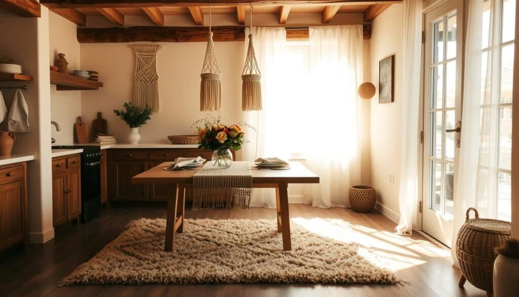 A cozy kitchen nook, bathed in warm, natural light filtering through sheer curtains. In the foreground, a plush area rug in earthy tones anchors the space, its soft fibers inviting barefoot steps. Atop a wooden dining table, a runner of woven textiles adds texture and warmth, complemented by linen napkins and a vase of fresh blooms. Hanging from the exposed beams, macrame wall hangings sway gently, casting delicate shadows that dance across the walls. The overall atmosphere is one of comfort and relaxation, a welcoming retreat from the outside world.