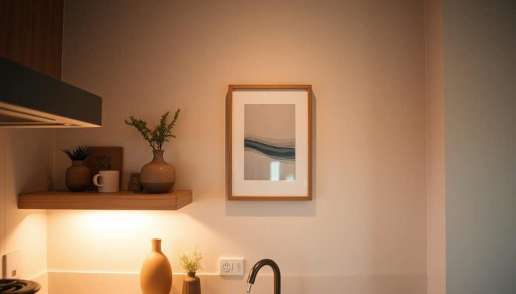 A cozy kitchen nook with warm, diffused lighting emanating from a wooden shelf display. Decorative plant life and a handcrafted ceramic vase add organic, earthy accents. Soft, muted colors on the walls create a calming, harmonious atmosphere. A single, framed piece of artwork hangs centrally, drawing the eye and reflecting the mood-lifting essence of this intimate, inviting space. The overall scene conveys a sense of balance, tranquility and subtle sophistication - a harmonious retreat for the senses.