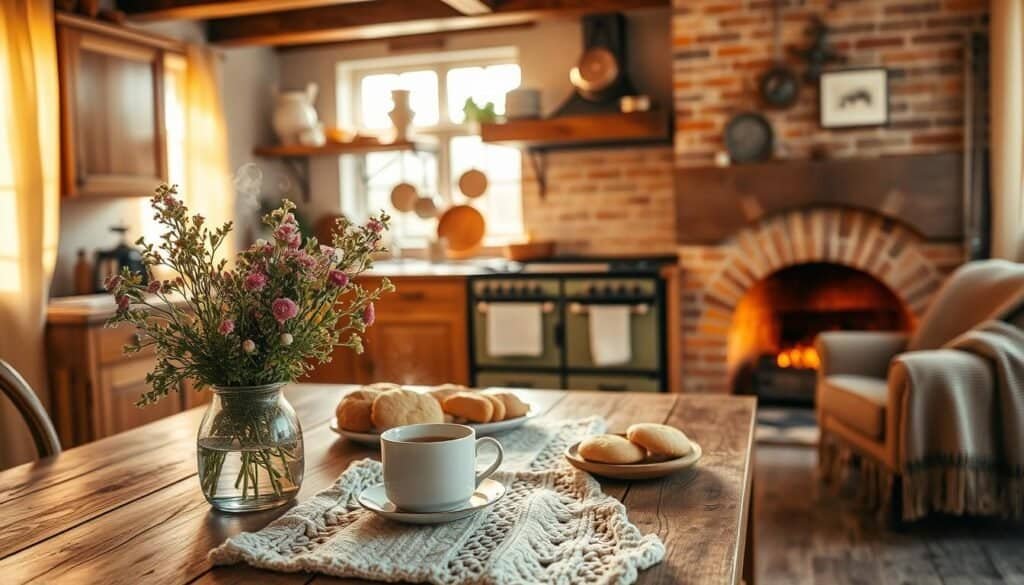 A cozy kitchen scene bathed in warm, golden light filtering through sheer curtains. In the foreground, a rustic wooden table set with a plush, knitted table runner, a vase of fresh wildflowers, and an array of homemade baked goods. Curling tendrils of steam rise from a steaming mug of aromatic tea or coffee. The middle ground features a charming farmhouse-style kitchen with wooden cabinetry, copper pots and pans hanging overhead, and a vintage-inspired oven range. In the background, a brick fireplace with a crackling fire casts a gentle glow, complemented by a cozy armchair and a woven blanket draped over its back. The overall atmosphere is one of warmth, comfort, and domestic tranquility.