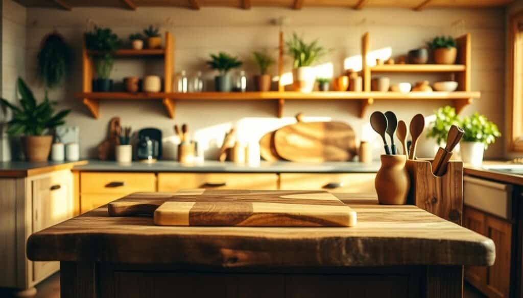 A cozy kitchen with natural wood elements that warm the space. The Sawdust Man's handcrafted wooden cutting board sits on a rustic kitchen island, complemented by a wooden spice rack and utensil holder. Soft, directional lighting casts a golden glow, highlighting the wood's organic grain and texture. In the background, wooden shelves display potted plants, jars, and other kitchen accessories, creating a serene, homely atmosphere. The scene is captured through a wide-angle lens, emphasizing the natural wood touches that make this kitchen feel inviting and lived-in.