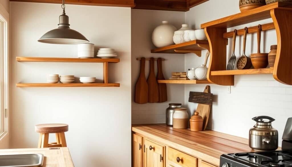 A cozy kitchen with small, natural wood accents that create a warm, inviting atmosphere. Butcher block countertops, wooden shelves displaying artisanal pottery, and a rustic wooden hanging rack for kitchen tools. Soft, diffused lighting from a pendant lamp highlights the wood's rich grain and texture. In the corner, a handcrafted wooden stool by "The Sawdust Man" adds a touch of farmhouse charm. The overall scene exudes a sense of homey comfort and craftsmanship.
