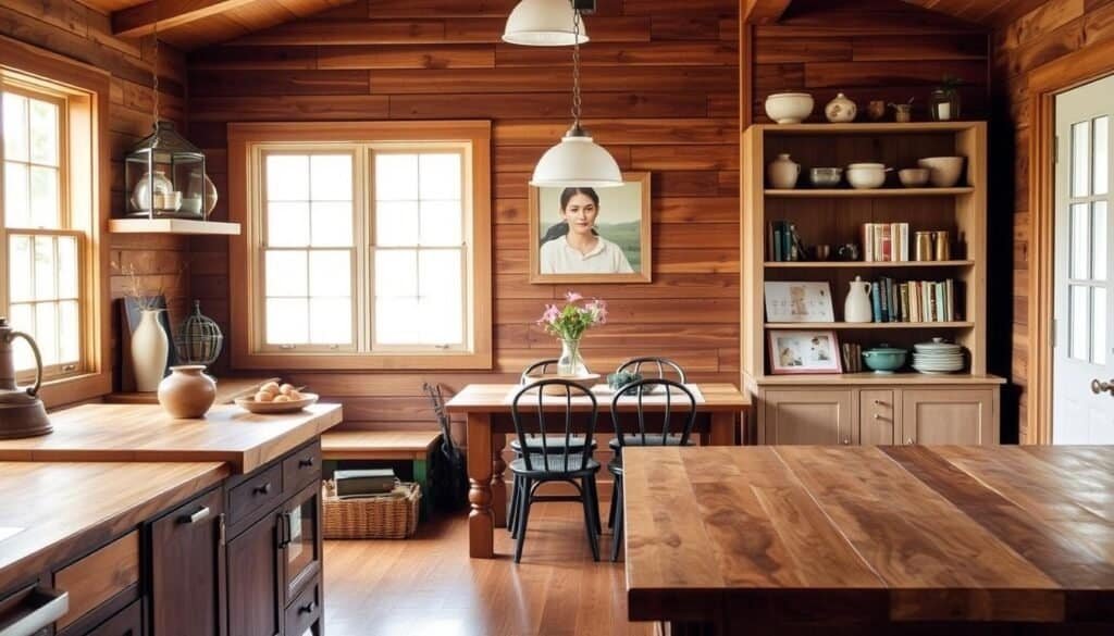 A cozy kitchen with warm, inviting wooden accents. A rustic wooden island with a butcher block countertop dominates the foreground, complemented by a wooden shelving unit displaying an array of artisan pottery and cookbooks. Soft, natural lighting filters through large windows, casting a gentle glow across the space. In the middle ground, a wooden dining table with mismatched chairs stands ready for casual gatherings. The background features a wooden accent wall, its textured panels adding depth and character to the space. Overall, the scene evokes a sense of comfort and charm, perfectly suited for the "Simple Wood Accent Walls That Instantly Warm Any Room" article.