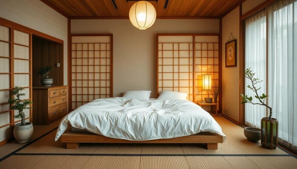 A cozy, light-filled Japanese-style bedroom with a warm, natural ambiance. The room features a low-profile wooden platform bed with a fluffy comforter and plump pillows, surrounded by delicate rice paper screens and neatly folded tatami mats. Potted bonsai trees and a simple wooden dresser add organic accents, while the soft glow of a paper lantern casts a gentle, diffused light throughout the space. The scene is captured with a wide, cinematic lens, highlighting the harmonious balance of textures and the serene, minimalist aesthetic.