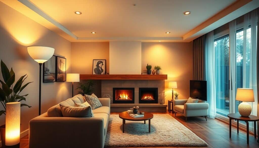 A cozy living room bathed in a warm, inviting glow. Soft, dimmable floor lamps cast a gentle, mood-boosting light, their diffused rays dancing across plush textiles and natural wood accents. Recessed ceiling lights provide subtle, ambient illumination, complementing the glow of a crackling fireplace. Large windows allow natural light to filter in, while sheer curtains softly filter the view. Carefully curated decor elements, like a lush houseplant and a plush area rug, create a harmonious, rejuvenating atmosphere. High-quality, professional-grade photographic equipment captures this cozy, spirit-lifting living space in exquisite detail.