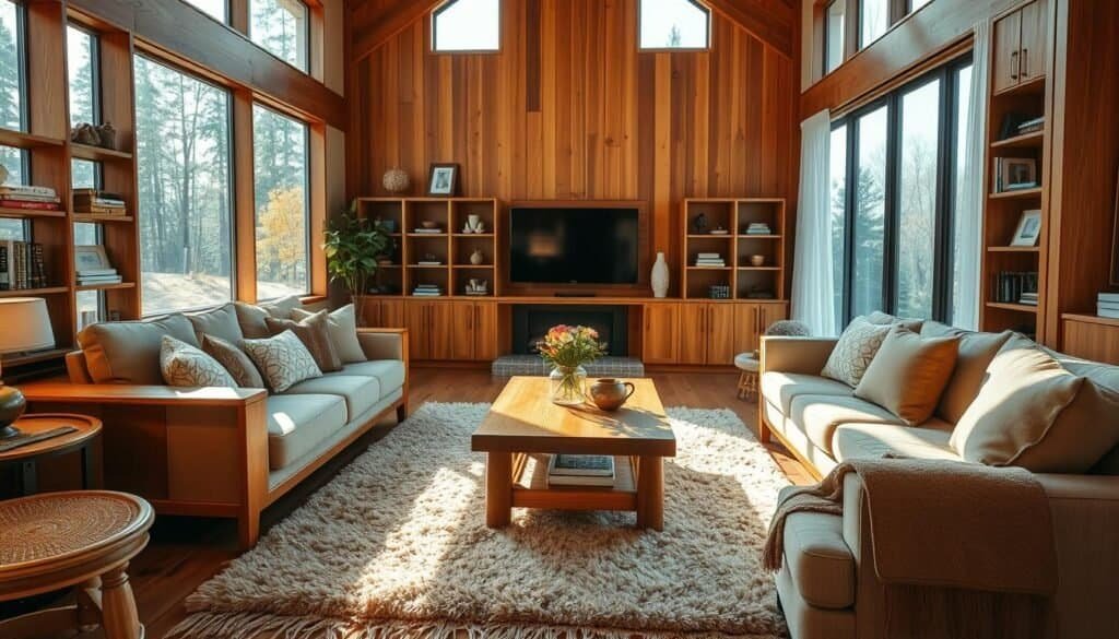 A cozy living room bathed in the warm glow of natural light filtering through large windows. Rich, honey-toned wood accents adorn the space, creating a welcoming and inviting atmosphere. A central wooden coffee table sits atop a plush, earthy-toned area rug, surrounded by comfortable, neutral-hued sofas. Sleek, wooden shelving units line the walls, displaying an array of decorative elements. Subtle, ambient lighting casts a soft radiance, highlighting the natural beauty of the wood. The overall scene exudes a sense of rustic elegance and relaxation, perfect for unwinding and enjoying quality time.