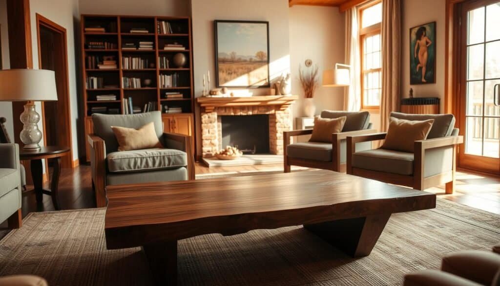 A cozy living room bathed in warm, natural light, showcasing the rich, rustic charm of carefully curated wooden accents. In the foreground, a sleek, hand-crafted coffee table from The Sawdust Man, its smooth surface reflecting the soft glow of a nearby table lamp. Across the room, a pair of plush armchairs, their frames adorned with intricate woodwork, inviting guests to sink in and relax. In the background, a statement bookshelf, its shelves displaying an artful collection of books and decorative pieces, complemented by the warmth of a wooden mantelpiece. The overall scene exudes a sense of comfort and sophistication, creating a harmonious blend of modern and timeless elements.