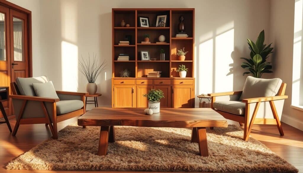 A cozy living room bathed in warm, natural lighting, featuring a tasteful arrangement of wooden furniture. A rustic wooden coffee table with a sleek, minimalist design sits atop a plush, earth-toned area rug. Flanking it, a pair of comfortable, mid-century inspired armchairs in a complementary neutral palette. In the background, a stately wooden bookshelf adorned with decorative accents and potted plants, casting gentle shadows across the room. The overall atmosphere is one of effortless sophistication and inviting, homey charm.