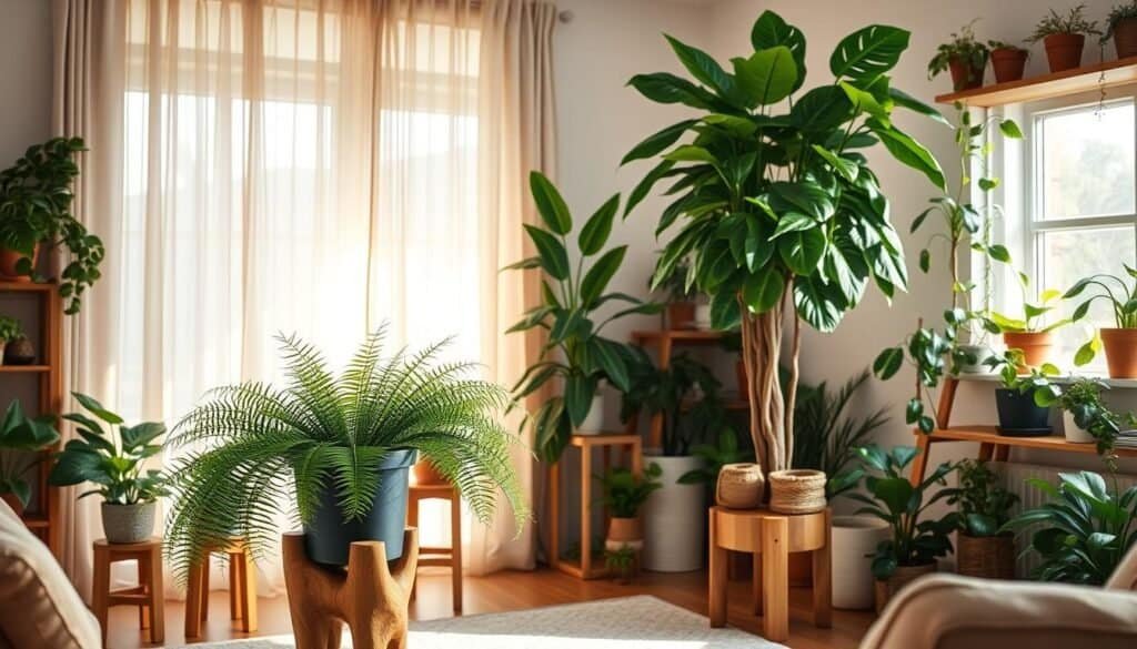 A cozy living room filled with lush, verdant plants arranged on natural wood plant stands and shelves. Soft, warm lighting filters through sheer curtains, casting a gentle glow. In the foreground, a potted fern rests on a handcrafted wooden plant stand, its fronds cascading gracefully. Mid-ground, a fiddle-leaf fig tree stands tall, its broad leaves casting interesting shadows. In the background, various other houseplants, such as pothos and monstera, decorate the space, creating a serene, biophilic atmosphere. The overall scene exudes a sense of tranquility and harmony, showcasing how natural elements can be seamlessly integrated into a modern living space.