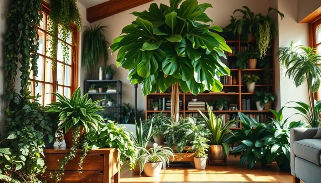 A cozy living room filled with lush, verdant plants, bathed in warm, natural light streaming through large windows. In the foreground, a variety of potted plants - cascading vines, leafy ferns, and vibrant succulents - adorn a rustic wooden end table. In the middle ground, a tall, majestic fiddle-leaf fig tree stands proudly, its broad leaves casting soft shadows on the hardwood floor. The background features a wall of bookshelves, accented by more greenery, creating a serene, nature-inspired atmosphere. The lighting is soft and diffused, lending a soothing, contemplative mood to the scene. The overall composition emphasizes the calming, rejuvenating presence of plants as living decor, inviting the viewer to appreciate the beauty and tranquility of this inviting space.