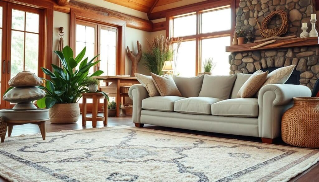 A cozy living room filled with natural elements, bathed in warm, soft lighting. In the foreground, a large, plush area rug with earthy tones and organic patterns anchors the space. Lush, verdant potted plants and a wooden side table with a large river stone sculpture create a tranquil, nature-inspired vignette. The middle ground features a comfortable, overstuffed linen sofa accented by textured throw pillows in muted hues. Large windows allow ample natural light to filter in, illuminating the space. In the background, a stone fireplace with a mantel adorned with dried florals and driftwood pieces radiates a cozy, cabin-like ambiance. Overall, the scene evokes a sense of calm and relaxation, blending the indoors with the beauty of the natural world. A cozy living room filled with natural elements, bathed in warm, soft lighting. In the foreground, a large, plush area rug with earthy tones and organic patterns anchors the space. Lush, verdant potted plants and a wooden side table with a large river stone sculpture create a tranquil, nature-inspired vignette. The middle ground features a comfortable, overstuffed linen sofa accented by textured throw pillows in muted hues. Large windows allow ample natural light to filter in, illuminating the space. In the background, a stone fireplace with a mantel adorned with dried florals and driftwood pieces radiates a cozy, cabin-like ambiance. Overall, the scene evokes a sense of calm and relaxation, blending the indoors with the beauty of the natural world.