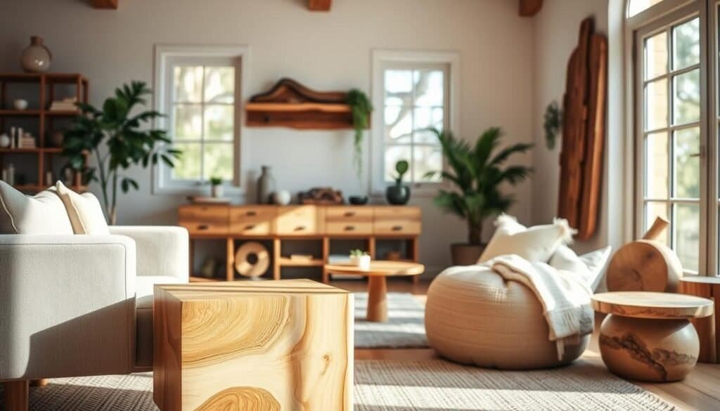 A cozy living room filled with natural wood accents. In the foreground, a handcrafted wooden side table with a minimalist design stands beside a plush armchair. The middle ground showcases a DIY wood project, perhaps a floating shelf or a rustic wall-mounted plant holder, adding warmth and texture to the space. The background features large windows that allow natural light to pour in, illuminating the room and highlighting the organic beauty of the wood. The overall mood is one of tranquility and comfort, inviting the viewer to imagine softening their own living space with these simple yet impactful DIY wood projects.