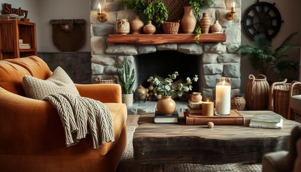 A cozy living room filled with warm, inviting accent pieces. In the foreground, a plush, oversized armchair upholstered in a soft, earthy velvet, accompanied by a thick knit throw blanket draped invitingly. In the middle ground, a rustic wooden coffee table, its surface adorned with a collection of natural elements - a stack of leather-bound books, a ceramic vase filled with fragrant eucalyptus, and a flickering candle casting a gentle glow. Behind, a stone fireplace with a mantel decorated with a mix of textured ceramics, woven baskets, and lush greenery, creating a sense of natural, lived-in comfort. Soft, diffused lighting from a pair of brass sconces illuminates the scene, evoking a serene, intimate atmosphere.