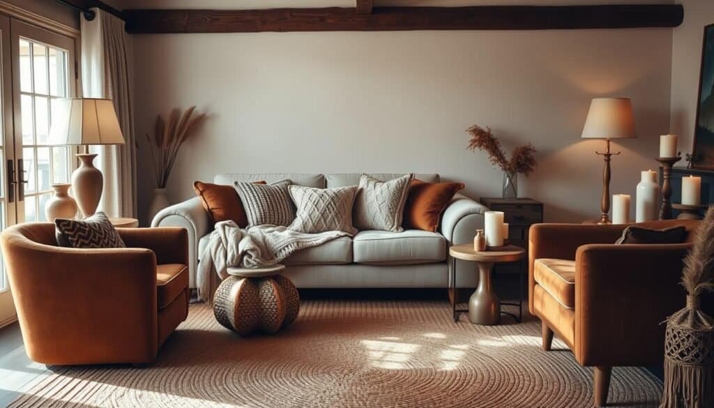 A cozy living room flooded with warm, soft lighting, featuring a plush, neutral-toned sofa adorned with an array of textured throw pillows and a hand-knitted blanket draped across the back. In the foreground, a woven area rug grounds the space, while a set of accent chairs upholstered in a rich, velvet-like fabric sit nearby. Wooden side tables with decorative ceramic vases and candles add depth and character to the scene. The overall atmosphere is one of comfort, relaxation, and a touch of rustic elegance.