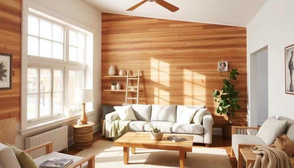 A cozy living room scene with a rustic, budget-friendly wooden accent wall. Natural light streams through large windows, highlighting the warm tones and smooth textures of the wood paneling. A few carefully placed wooden shelves, a decorative ladder, and a wooden coffee table add to the sense of organic, homey comfort. Soft, neutral-toned furniture and textiles create a relaxing, inviting atmosphere. The overall look is one of simple, elegant, and affordable wooden warmth.