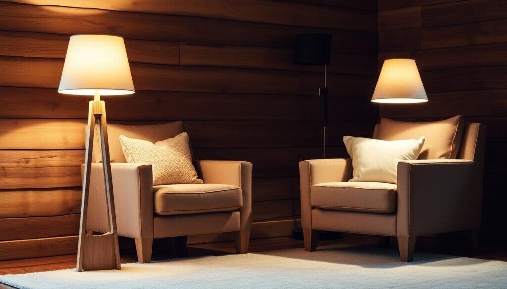 A cozy living room setting with two wooden floor lamps casting a warm, ambient glow. The lamps have simple, minimalist designs with tapered shades and natural wood bases, blending seamlessly into a rustic, earthy decor. Plush armchairs and a large, soft rug create an inviting, relaxing atmosphere. Soft shadows and highlights accentuate the textures and tones of the wood, highlighting its natural beauty. The overall scene conveys a sense of comfort, understated elegance, and a touch of Scandinavian-inspired minimalism.