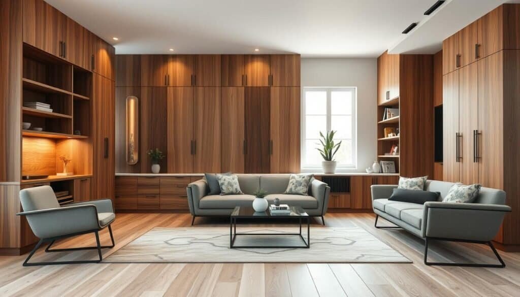 A cozy living room showcasing a visually striking array of different wood types. The warm, natural tones of oak, maple, and walnut cabinetry create a cohesive, inviting atmosphere. Intricate wood grain patterns add depth and character, while sleek, modern furniture pieces in complementary hues provide balance. Soft, diffused lighting from a large window illuminates the space, casting a gentle glow on the diverse wood textures. The room exudes a sense of rustic elegance, emanating a soothing, comforting ambiance that beckons relaxation.