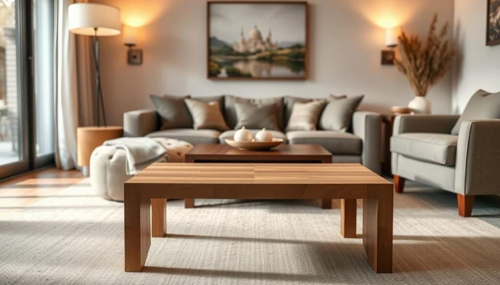A cozy living room with a beautiful wood accent table as the centerpiece. The table has a sleek, minimalist design with clean lines and a natural wood grain finish that complements the neutral tones of the surrounding furniture. Soft, warm lighting from a floor lamp and sconces casts a gentle glow, creating a inviting and relaxing atmosphere. The table is placed strategically in the foreground, drawing the eye and serving as the focal point of the scene. The middle ground features plush seating, like a couch and armchair, while the background showcases a tasteful piece of artwork on the wall, completing the stylish and harmonious living room design.