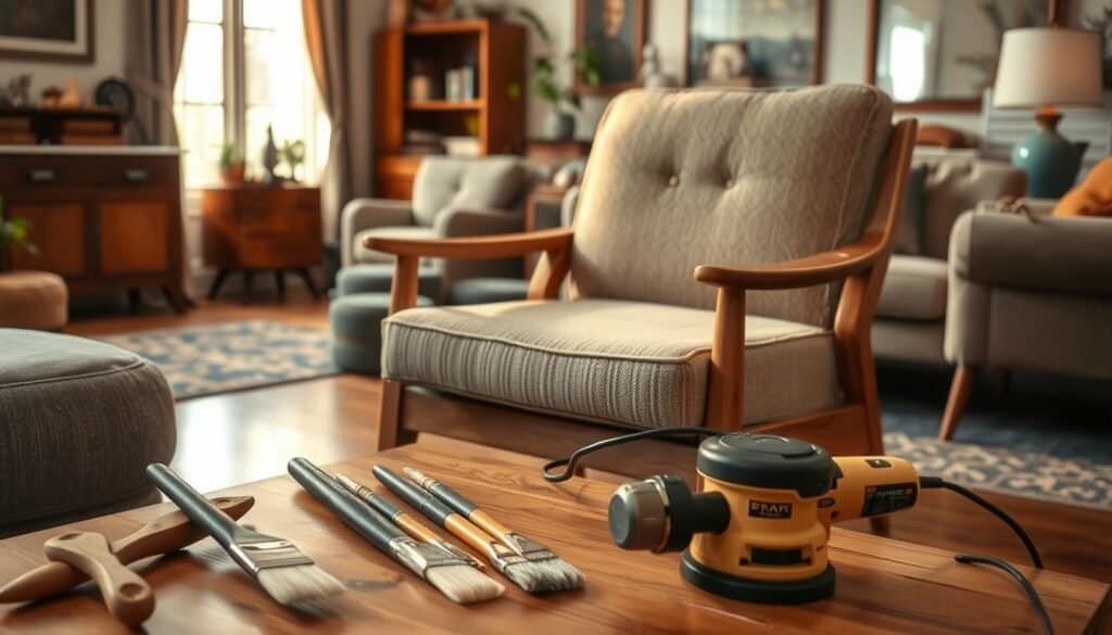 A cozy living room with a beautifully refurbished mid-century modern armchair, its weathered wooden frame and worn upholstery transformed without sanding. Soft, warm lighting casts a golden glow, highlighting the elegant new fabric in earthy tones that complements the room's natural wood accents. In the foreground, an assortment of refurbishing tools - paintbrushes, a furniture wax applicator, and a small orbital sander - sit neatly arranged, testament to the thoughtful, labor-saving process. The background showcases a harmonious blend of vintage décor and modern furnishings, creating an inviting, lived-in ambiance. The camera angle captures the chair in an alluring 3/4 view, allowing the viewer to admire the refined, yet effortless refinishing.