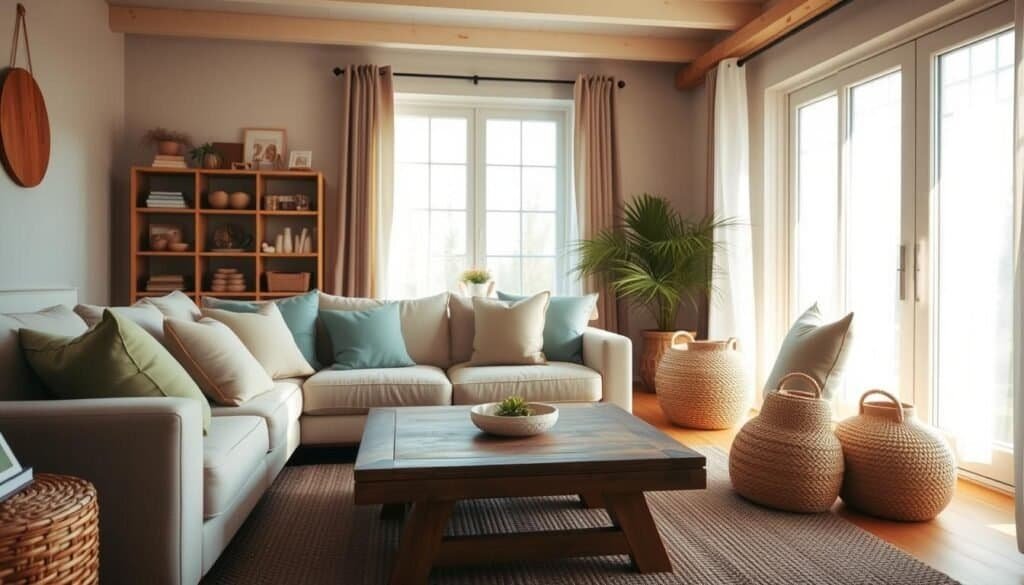 A cozy living room with a calming color palette, bathed in warm, natural lighting. In the foreground, a plush, neutral-toned sofa invites relaxation, accented by pillows in soothing shades of sage green and dusty blue. The middle ground features a wooden coffee table, its rustic charm complementing the earthy tones. In the background, large windows let in soft, diffused light, casting a serene ambiance throughout the space. Subtle textures, like woven baskets and a textured area rug, add depth and visual interest. The overall atmosphere evokes a sense of tranquility and comfort, creating a retreat from the stresses of the day. A cozy living room with a calming color palette, bathed in warm, natural lighting. In the foreground, a plush, neutral-toned sofa invites relaxation, accented by pillows in soothing shades of sage green and dusty blue. The middle ground features a wooden coffee table, its rustic charm complementing the earthy tones. In the background, large windows let in soft, diffused light, casting a serene ambiance throughout the space. Subtle textures, like woven baskets and a textured area rug, add depth and visual interest. The overall atmosphere evokes a sense of tranquility and comfort, creating a retreat from the stresses of the day.