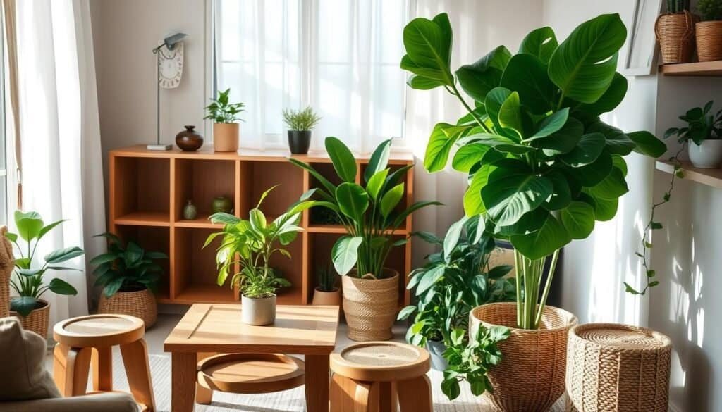 A cozy living room with a mix of potted plants, wooden accents, and natural lighting. A large, verdant fiddle-leaf fig plant stands in the corner, its lush foliage framing a solid oak coffee table. Nearby, a pair of wooden stools with woven seats provide extra seating around the table. A woven basket holds additional smaller houseplants, their vibrant leaves contrasting against the warm-toned wooden shelving. Soft, diffused sunlight filters through sheer curtains, casting a gentle glow over the scene. The overall atmosphere is one of tranquility and connection with nature, creating an inviting space for cozy gatherings.