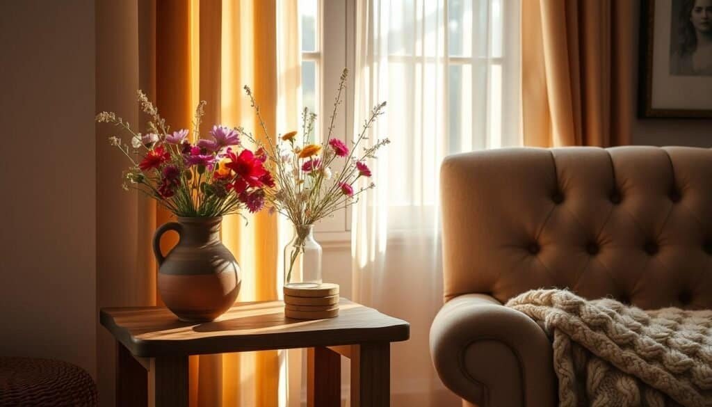 A cozy living room with a personalized touch. A handcrafted clay vase sits on a rustic wooden side table, filled with vibrant wildflowers. Warm, natural lighting filters through sheer curtains, casting a soft glow over the scene. Earthy textures and muted tones create a calming, inviting atmosphere. A plush, tufted armchair and a fluffy throw blanket complete the comfy, lived-in feel. The room exudes a sense of individuality and homely charm.