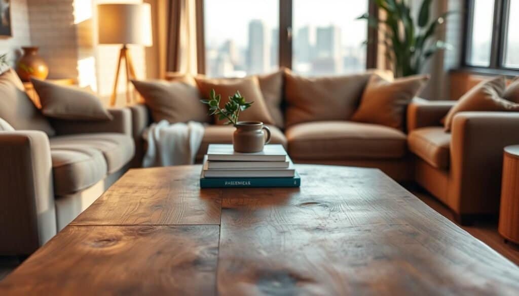 A cozy living room with a rustic wood accent table in the foreground, its smooth surface complementing the warm lighting and textured surroundings. The table is positioned strategically, inviting the viewer to imagine placing a potted plant, a stack of books, or a decorative vase upon it. The middle ground features plush, earthy-toned furniture, while the background showcases a window offering a glimpse of a serene cityscape. The overall atmosphere is one of relaxation and intentional design, inspiring the viewer to consider how a well-placed wood accent table can elevate their living space.