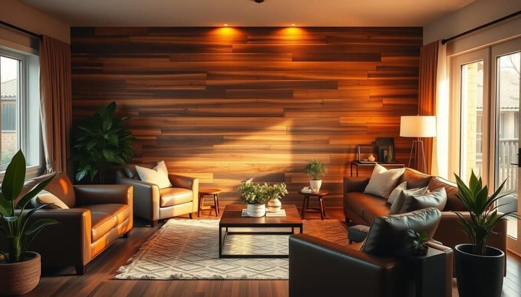 A cozy living room with a rustic wood accent wall as the focal point. Warm, soft lighting casts a golden glow, highlighting the natural grain and texture of the wood planks. Plush leather furniture, a cozy area rug, and potted plants create a welcoming, inviting atmosphere. The room is bathed in a mix of natural and artificial light, adding depth and dimension. The wood accent wall seamlessly blends with the neutral color palette, effortlessly warming the space. Camera angle is slightly elevated, capturing the entire room in a harmonious, balanced composition.