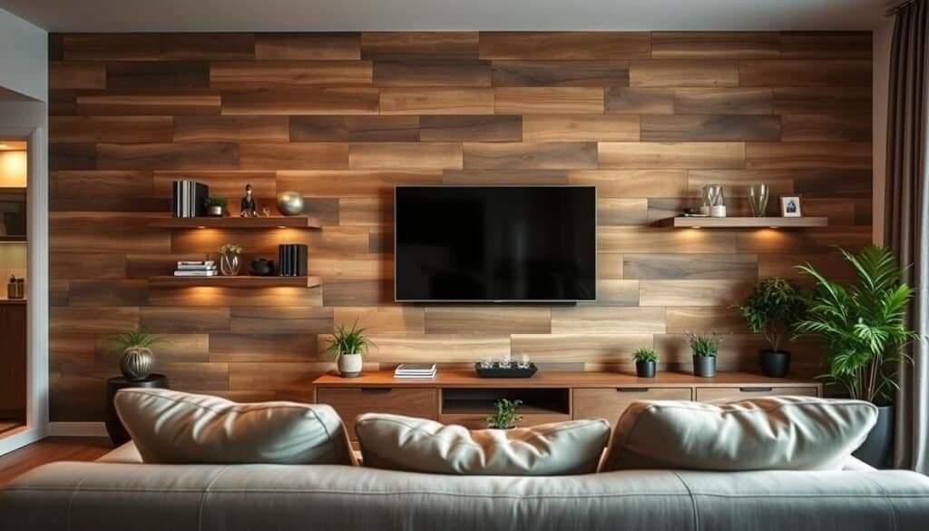 A cozy living room with a rustic, wooden TV wall. The wall is adorned with floating shelves and an elegant, wall-mounted TV, creating a harmonious and visually appealing display. The room is illuminated by warm, ambient lighting, casting a soft glow over the space. In the foreground, a plush, neutral-toned sofa invites relaxation, while potted plants and decorative accents add a touch of natural charm. The overall atmosphere exudes a sense of comfort and sophistication, perfectly capturing the essence of a refined, yet inviting living room.