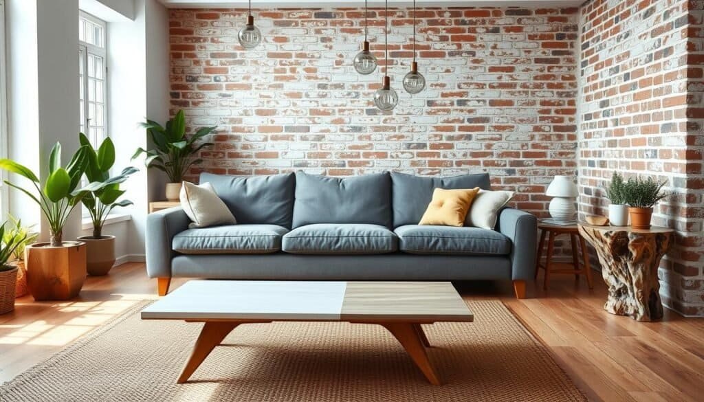 A cozy living room with a seamless blend of modern and rustic elements. A large, plush gray sofa sits atop a warm, distressed wooden floor, complemented by a natural woven area rug. The walls feature a mix of clean white and exposed brick, creating a textural contrast. A mid-century modern coffee table stands in the foreground, its sleek lines juxtaposed with a gnarled, wooden side table. Delicate glass and metal pendant lights hang overhead, casting a soft, ambient glow. Potted greenery and natural fiber accents add organic touches, while a large window allows ample natural light to flood the space, highlighting the harmonious fusion of styles.
