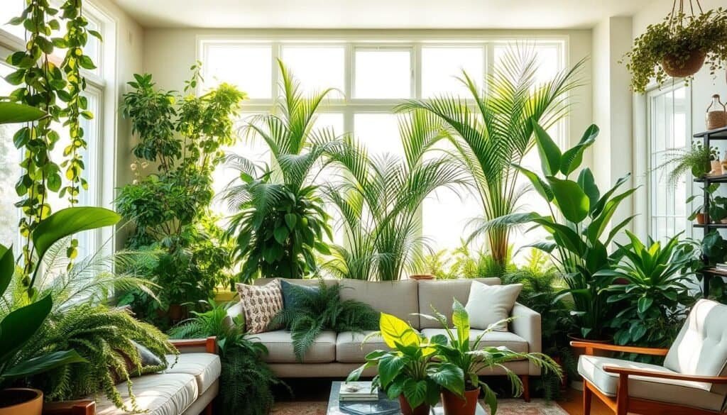 A cozy living room with a vibrant, thriving display of lush, verdant houseplants. Sunlight streams through large windows, casting a warm, natural glow over the assorted foliage. Leafy ferns, trailing vines, and towering palms add depth and texture to the scene. A mid-century modern sofa and armchair provide a neutral backdrop, allowing the plants to take center stage as the focal point. The plants are thoughtfully arranged, creating a harmonious, balanced composition. The overall mood is one of tranquility, growth, and a renewed sense of vitality, inviting the viewer to imagine this serene, nature-inspired living space.