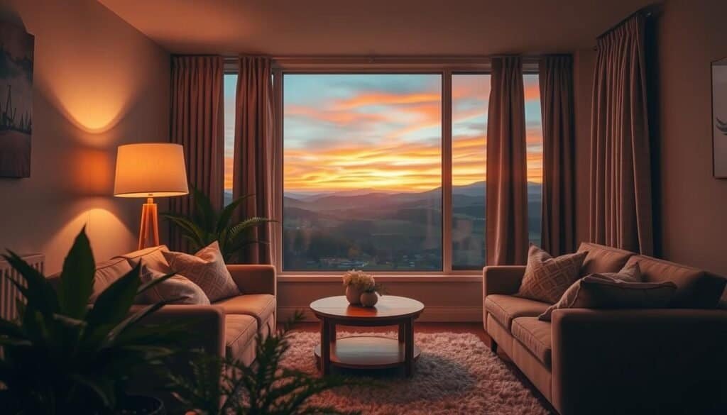 A cozy living room with a warm, inviting atmosphere. Soft lighting from a floor lamp illuminates plush seating, a wooden accent table, and lush greenery in the foreground. In the middle ground, a large window frames a scenic view of rolling hills and a vibrant sunset sky. Textured curtains and a fluffy area rug add layers of texture and comfort. The overall scene conveys a sense of relaxation and inspiration, perfect for sparking new ideas.