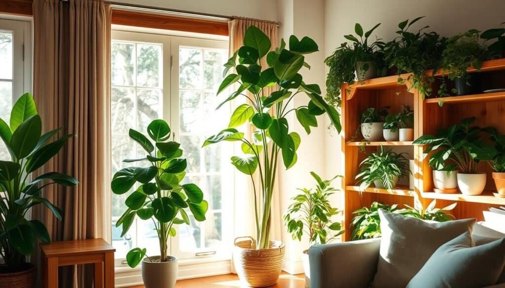 A cozy living room with a warm, inviting atmosphere. Sunlight filters through large windows, casting a soft glow on the combination of natural wood accents and lush, verdant plants strategically placed throughout the space. A wooden side table stands next to a potted fiddle-leaf fig tree, their textures and tones complementing each other. On the opposite side, a wooden bookshelf displays a variety of thriving houseplants, their vibrant leaves adding pops of color. The overall scene exudes a sense of balance and harmony, creating a soothing and rejuvenating ambiance.